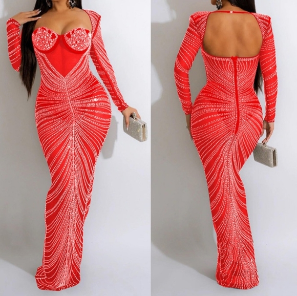 soyaza Dresses & Skirts - Rhinestones maxi Dress new size L Strech Material with panty liner.